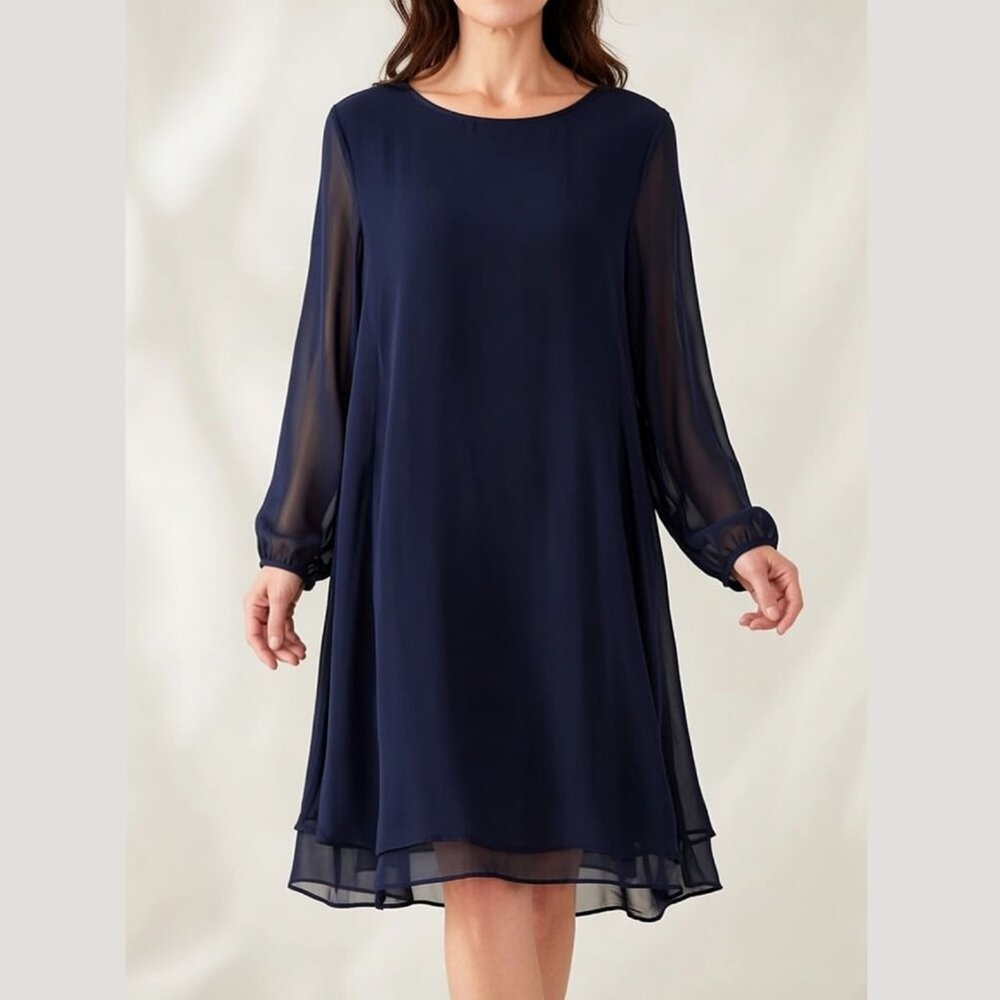 Nine West Navy Chiffon Long Sleeve Dress 14 NWT Wedding Guest Cocktail Modest